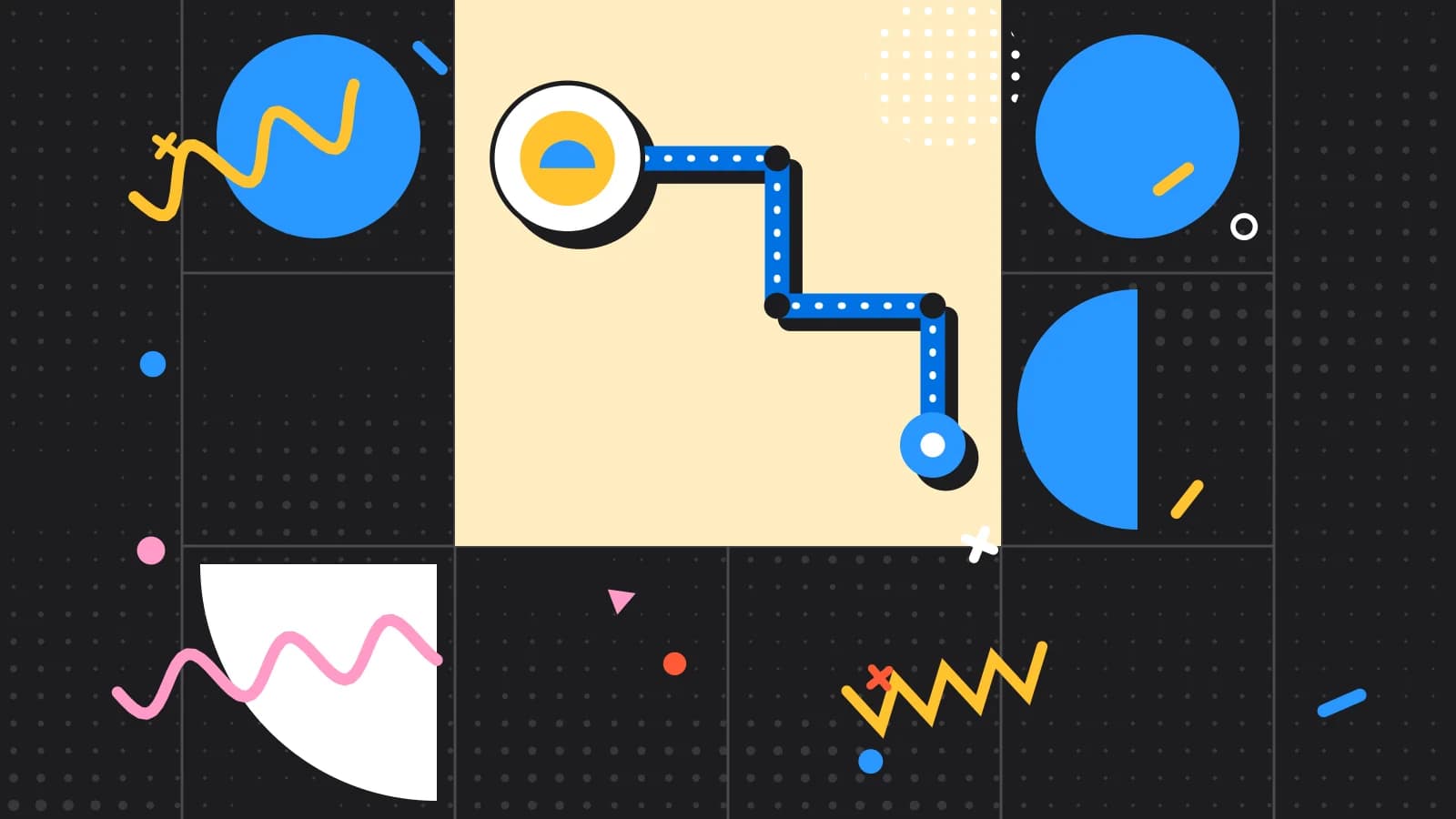 Illustration for running out of a dish: a route from the table to the pass, ending at a plate, in yellow and light blue on black.