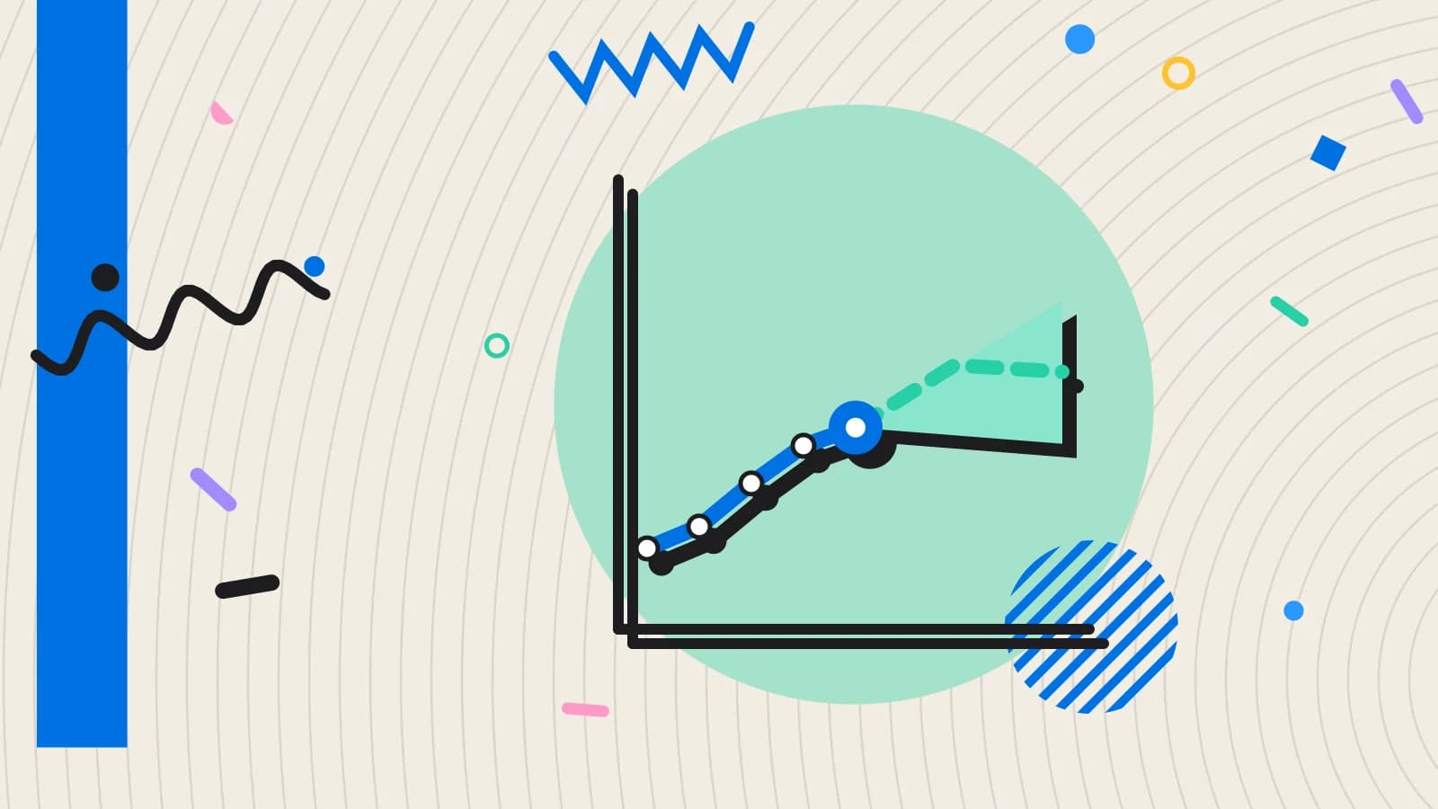 Illustration for sales forecasting: a trend line running on into a dashed forecast, in mint and blue on cream.