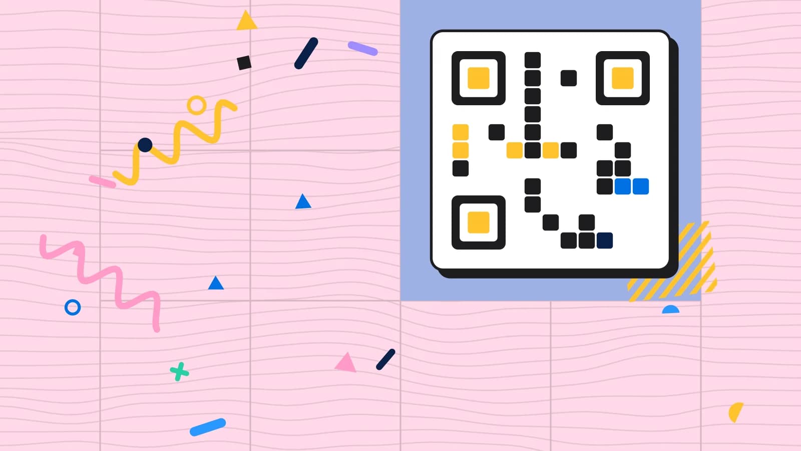 Illustration for scan to order: a grid of squares arranged like a QR code, in blue and yellow on pale pink.