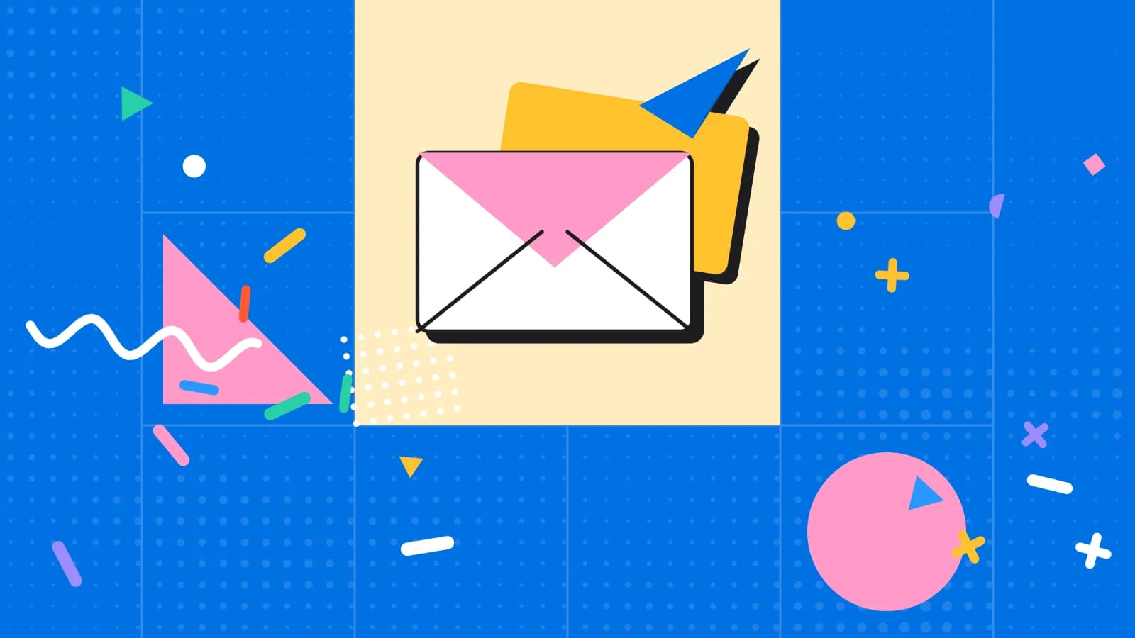 Illustration for seasonal emails: an envelope with a paper plane taking off, in yellow and pink on blue.
