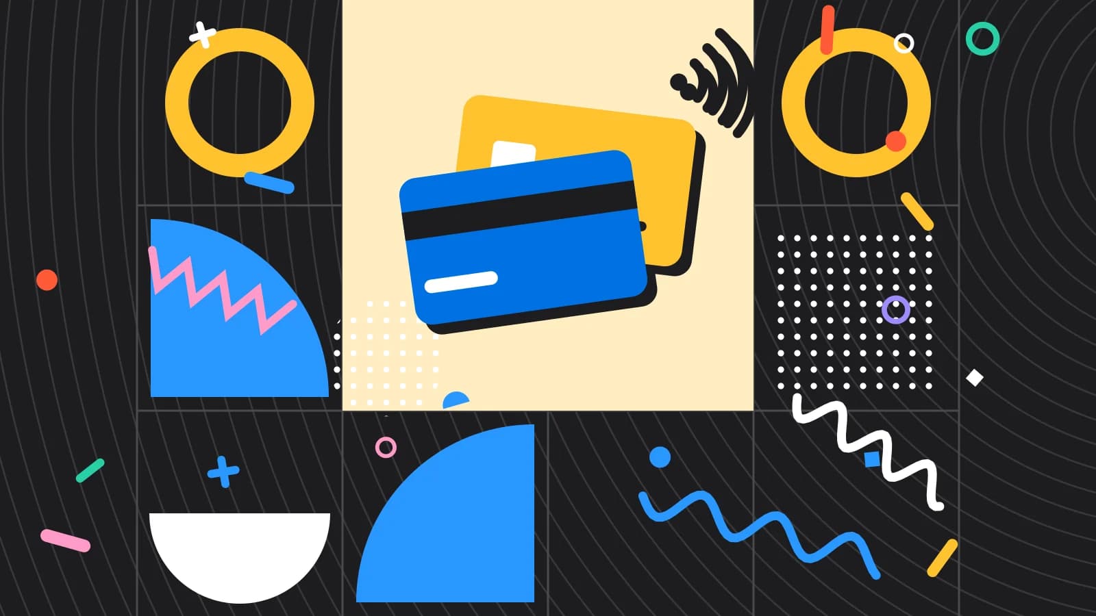 Illustration for shift reports: two payment cards with contactless waves, in yellow and light blue on black.