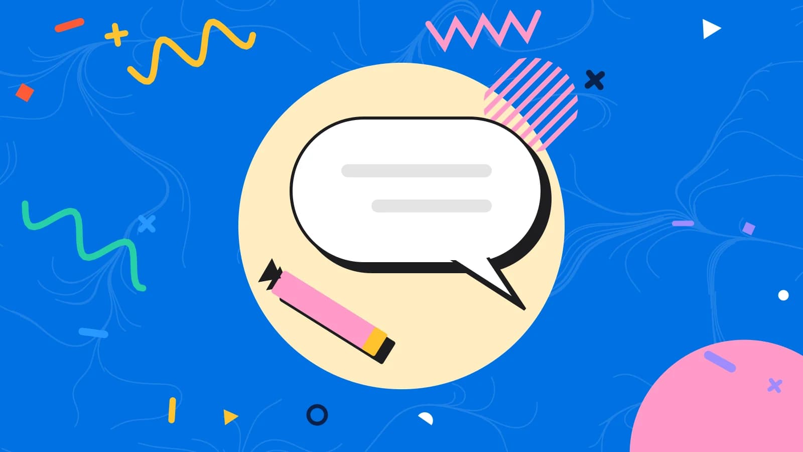 Illustration for sms consent: a large speech bubble with a pencil writing a reply, in yellow and pink on blue.