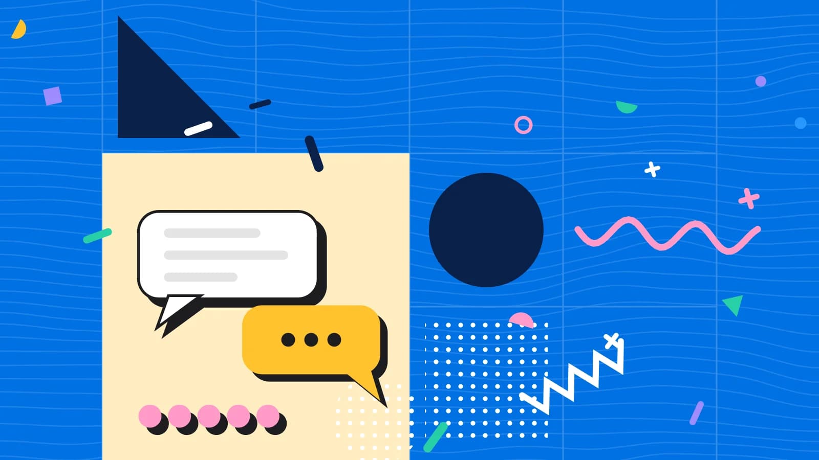 Illustration for sms for waitlists: speech bubbles above a row of rating dots, in yellow and pink on blue.