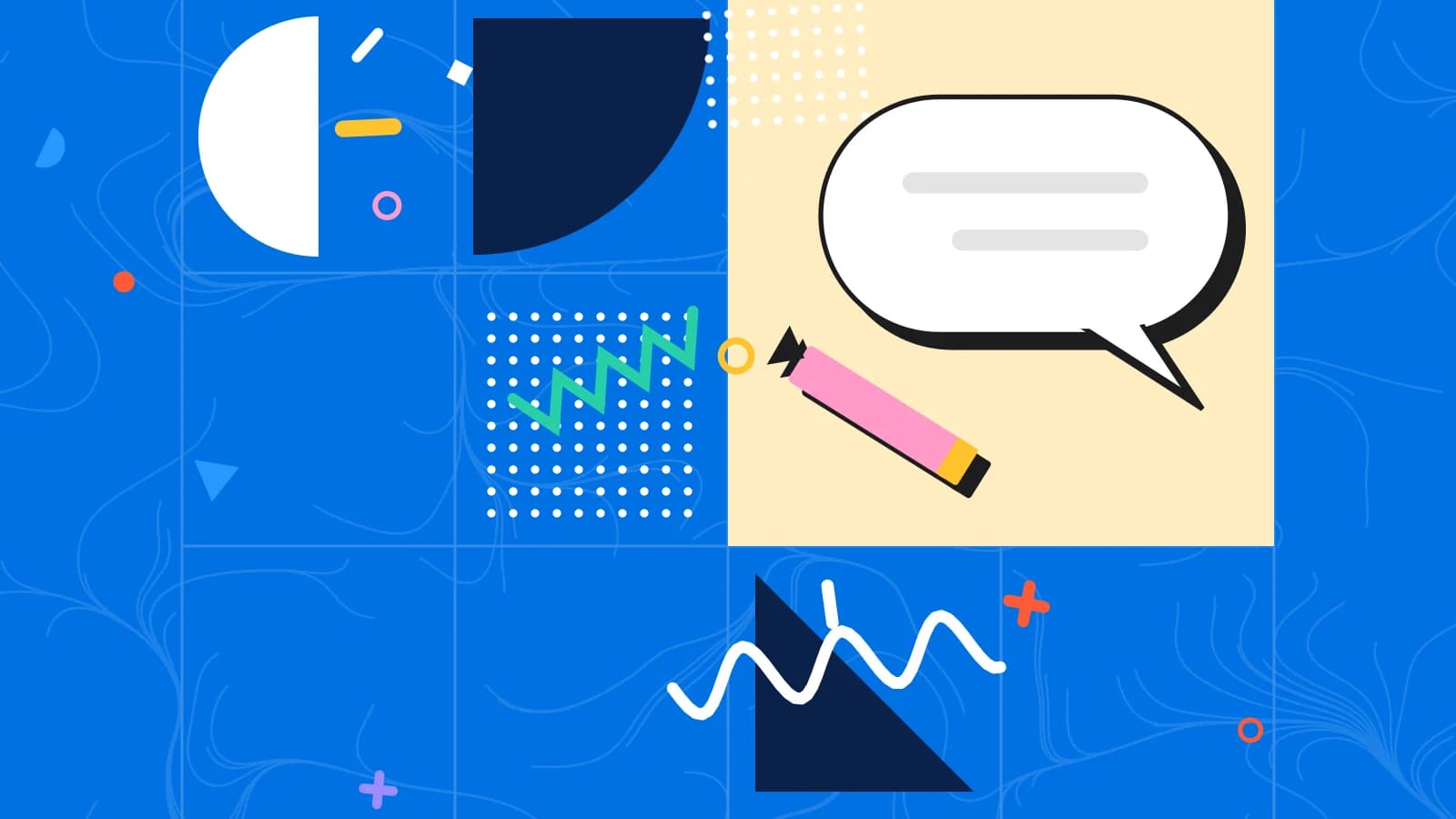 Illustration for sms marketing: a large speech bubble with a pencil writing a reply, in yellow and pink on blue.