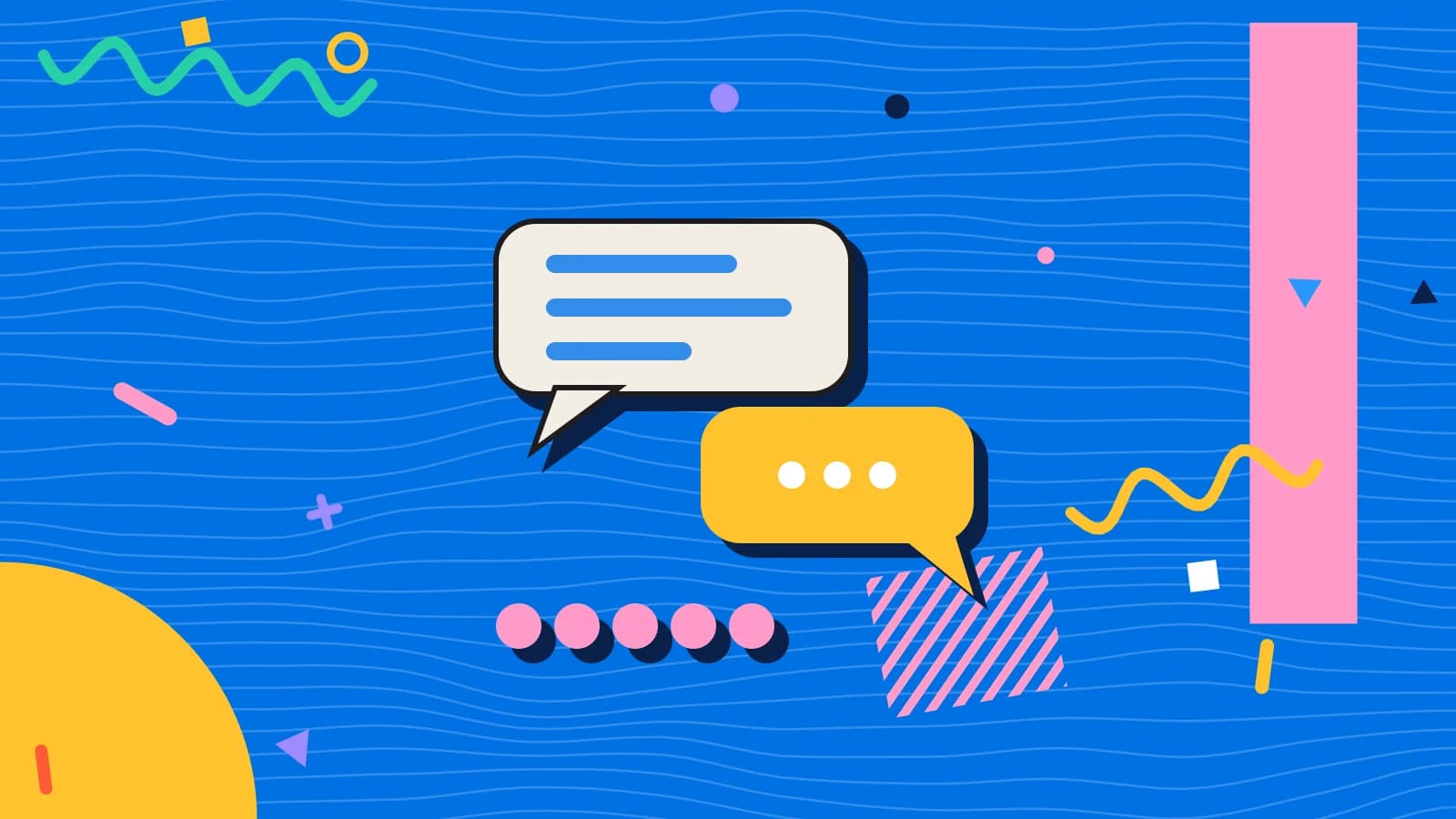 Illustration for sms or email: speech bubbles above a row of rating dots, in yellow and pink on blue.