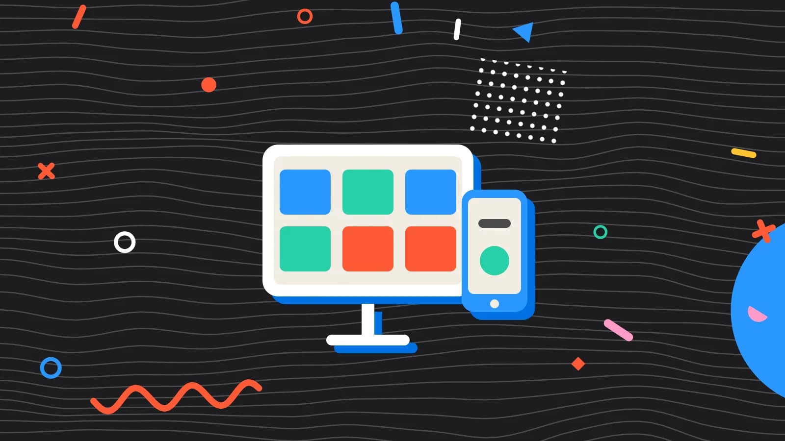 Illustration for software implementation: a tablet and a phone showing simple blocks, in coral and mint on black.
