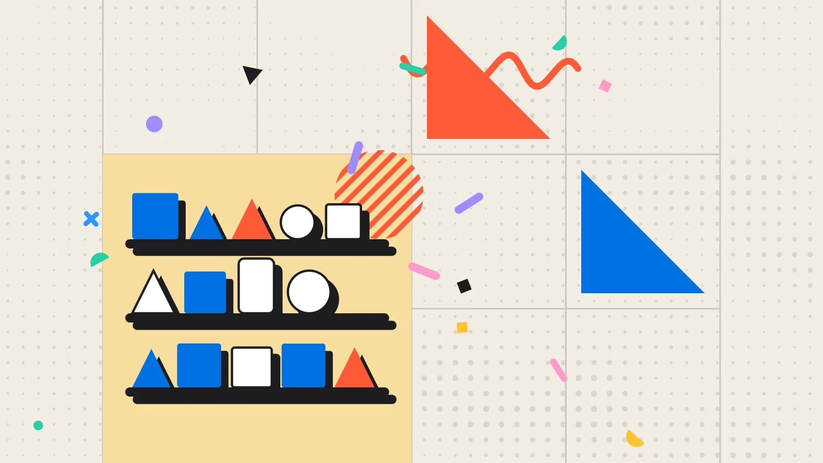 Illustration for spot checks: shelves of shapes waiting to be counted, in yellow and coral on cream.
