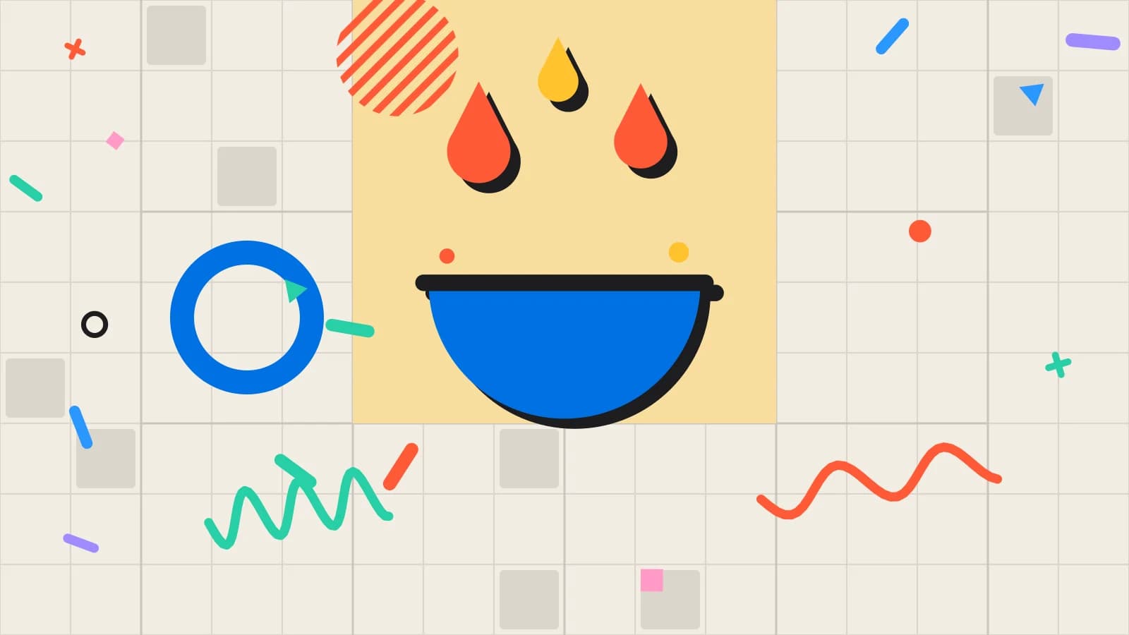 Illustration for waste log: drops falling into a bowl, in yellow and coral on cream.
