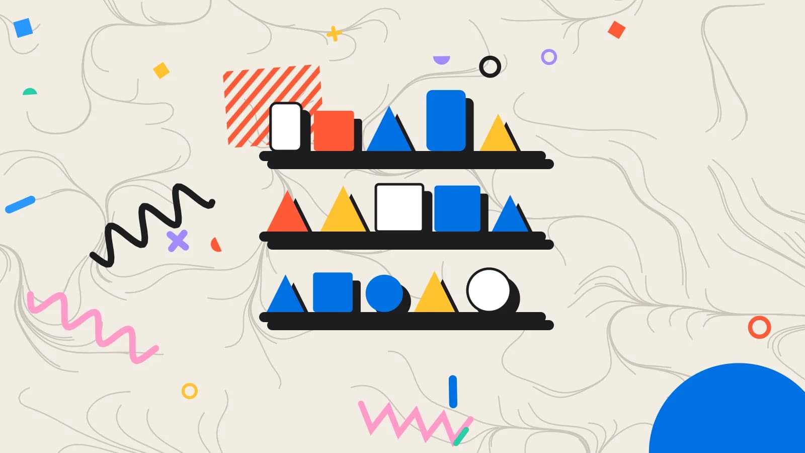 Illustration for stock count accuracy: shelves of shapes waiting to be counted, in yellow and coral on cream.