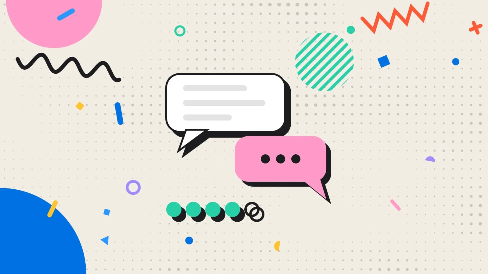 Illustration for survey questions: speech bubbles above a row of rating dots, in pink and mint on cream.