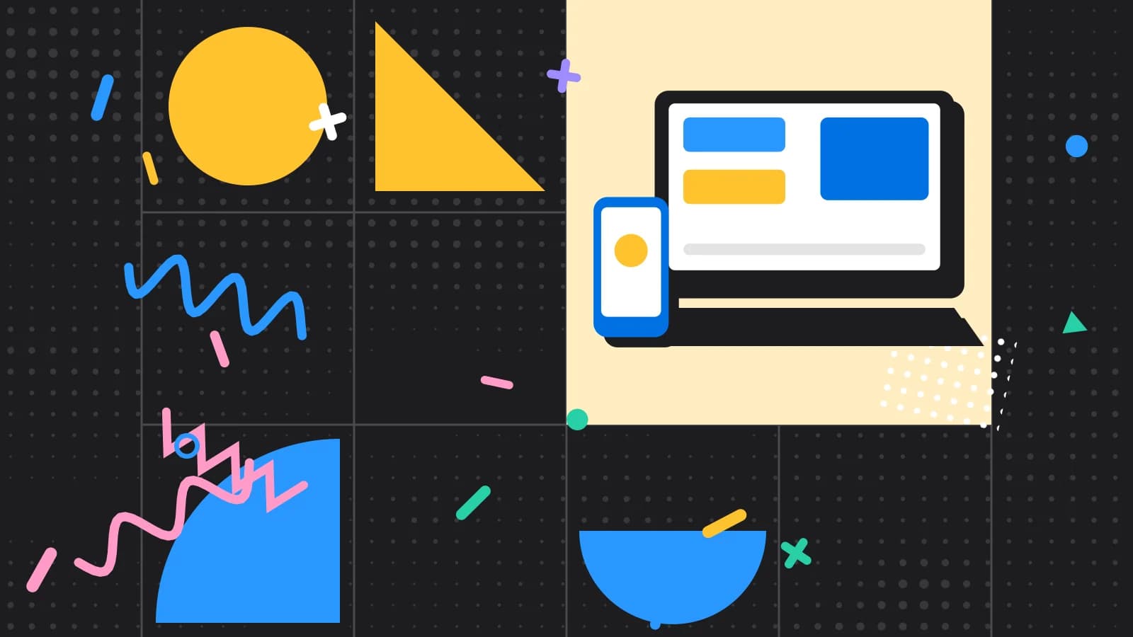 Illustration for tablet pos: a laptop and a phone showing simple blocks, in yellow and light blue on black.