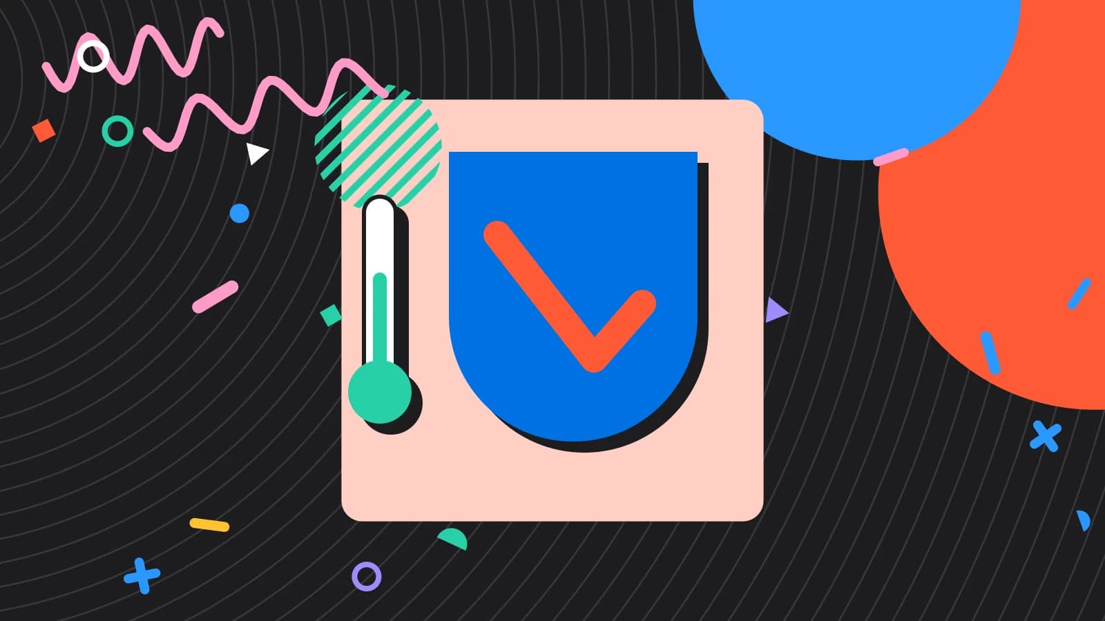 Illustration for temperature records: a shield with a check mark beside a thermometer, in coral and mint on black.