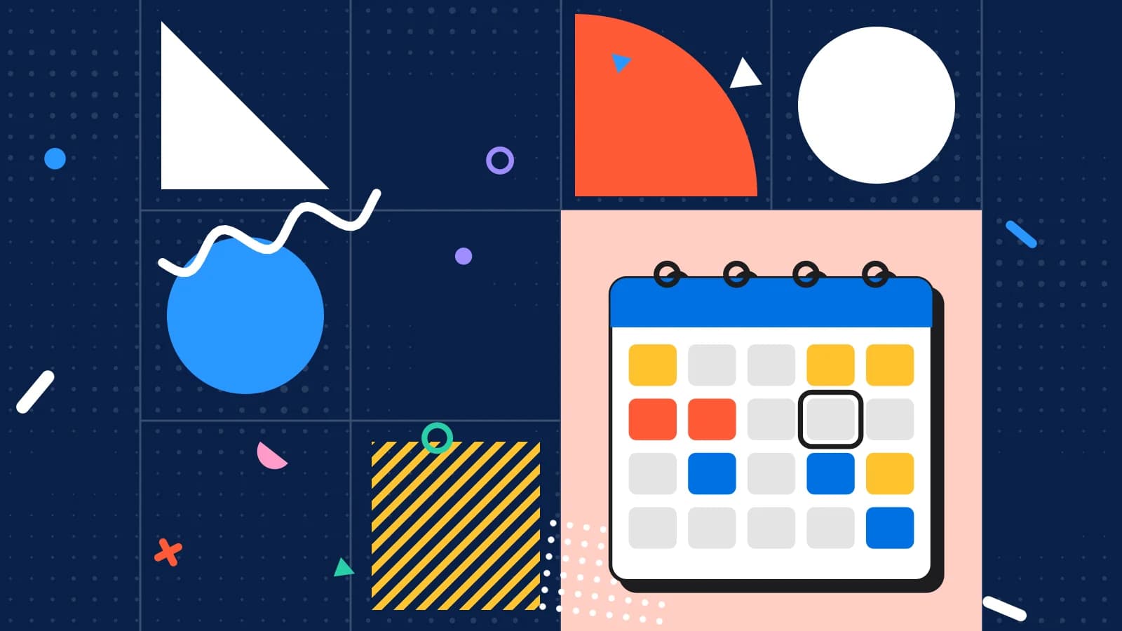 Illustration for reservation mistakes: a booking diary with filled time slots, in coral and yellow on navy.