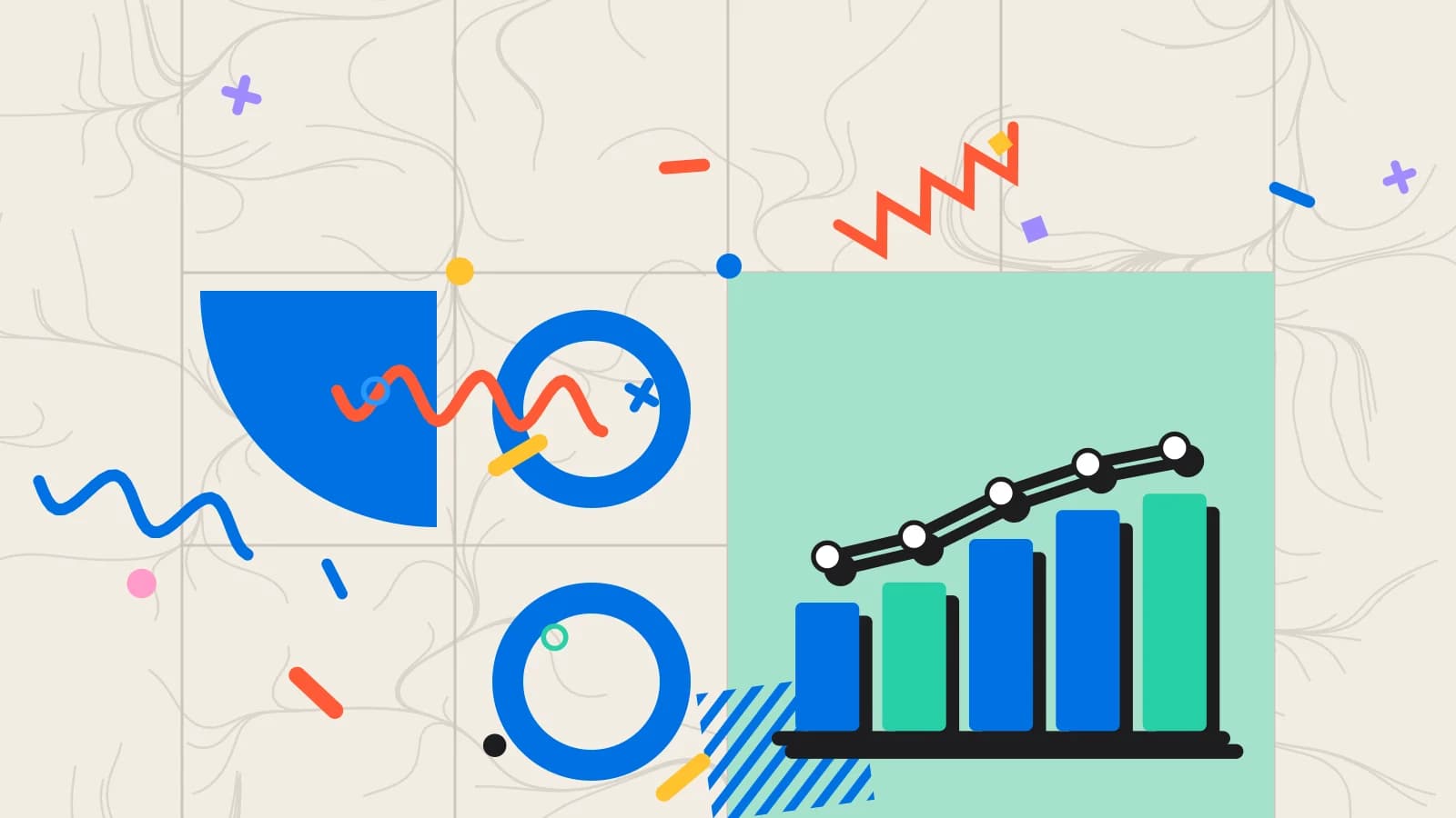 Illustration for daily report: a bar chart with a rising line, in mint and blue on cream.