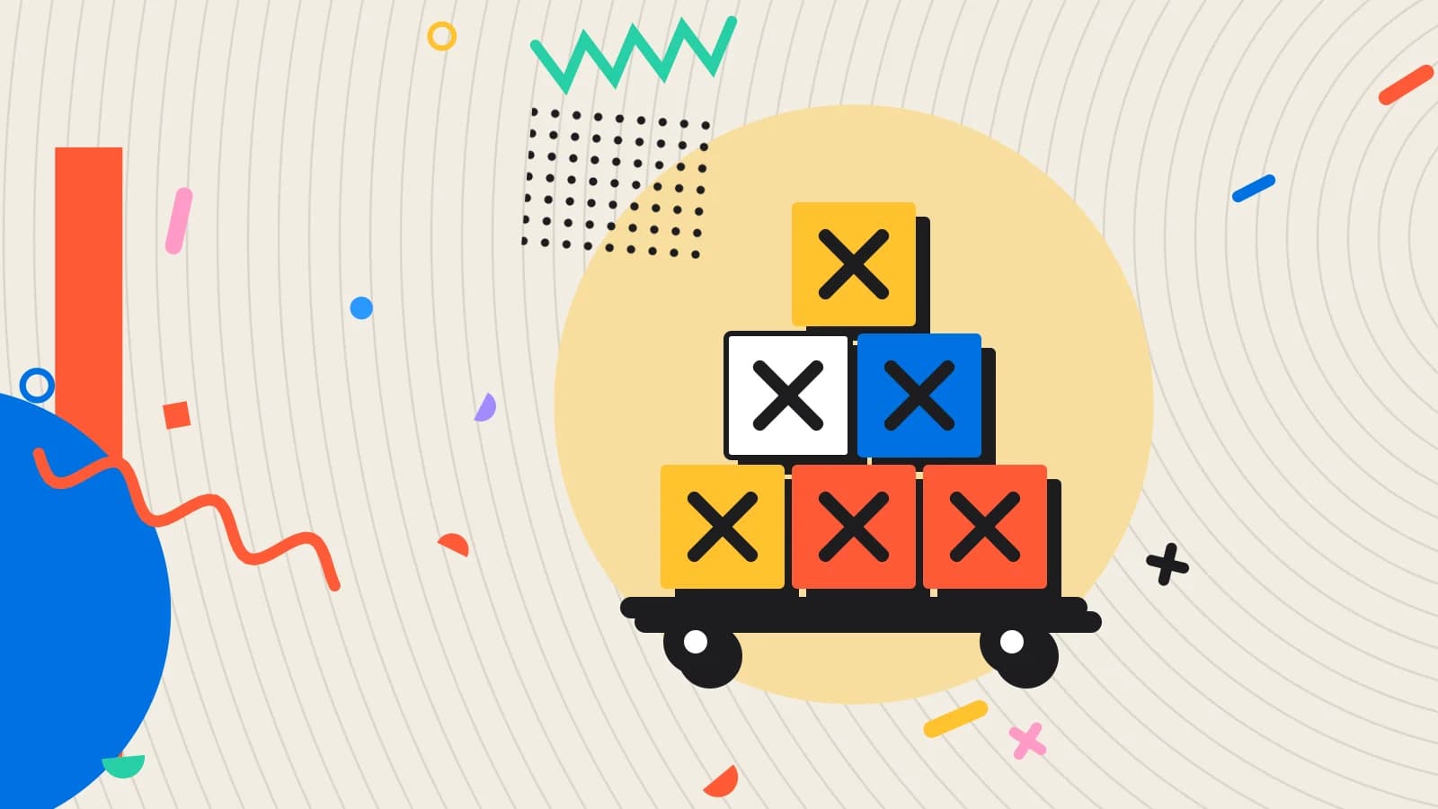 Illustration for goods received note: crates stacked on a delivery cart, in yellow and coral on cream.