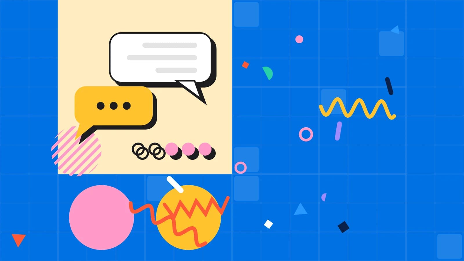 Illustration for post visit email: speech bubbles above a row of rating dots, in yellow and pink on blue.