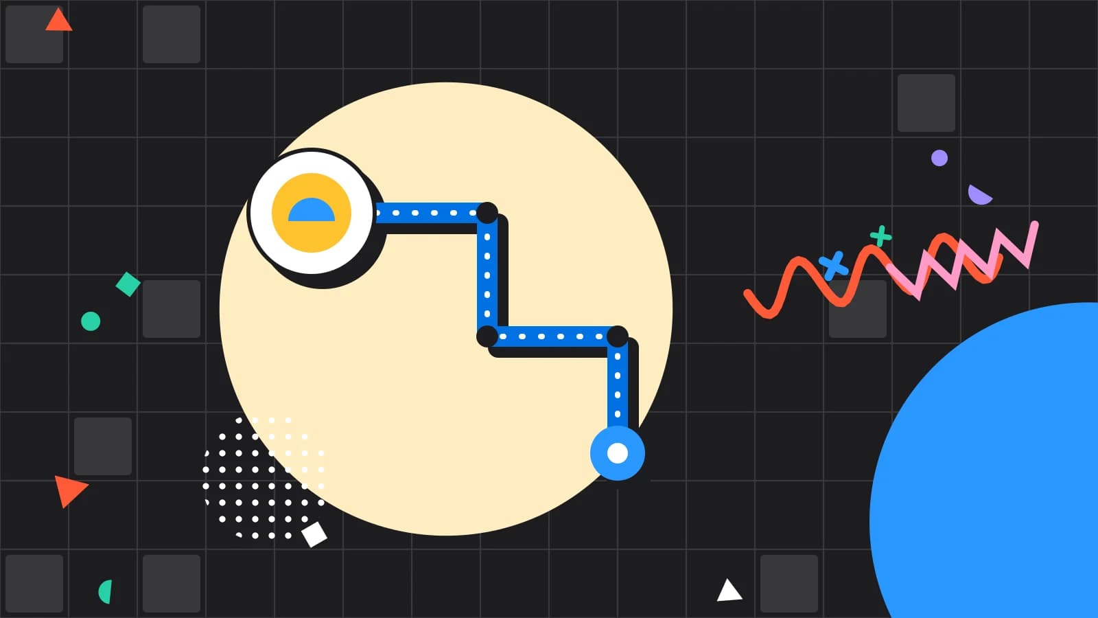Illustration for pre-shift briefing: a route from the table to the pass, ending at a plate, in yellow and light blue on black.