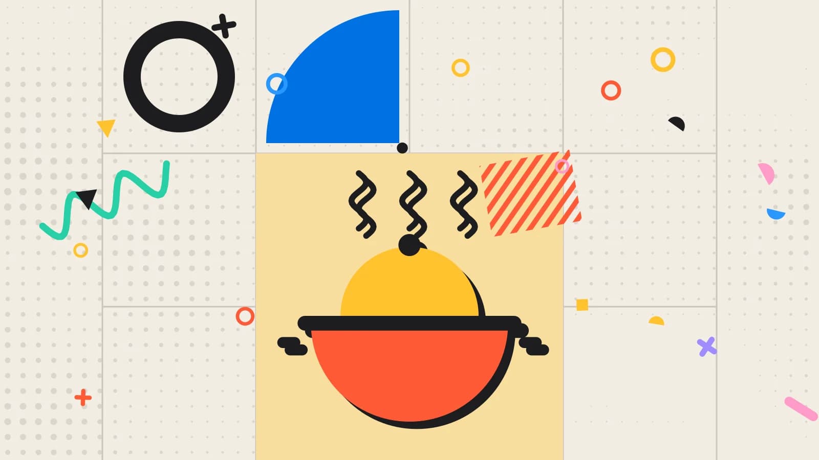 Illustration for prep list: a cooking pot with steam rising, in yellow and coral on cream.
