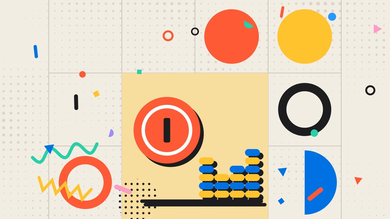 Illustration for food cost report: stacked coins beside a large coin, in yellow and coral on cream.