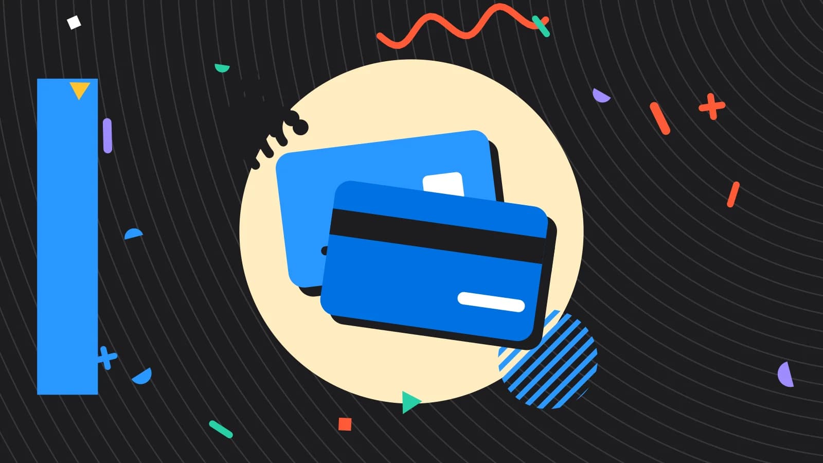 Illustration for till fraud: two payment cards with contactless waves, in yellow and light blue on black.