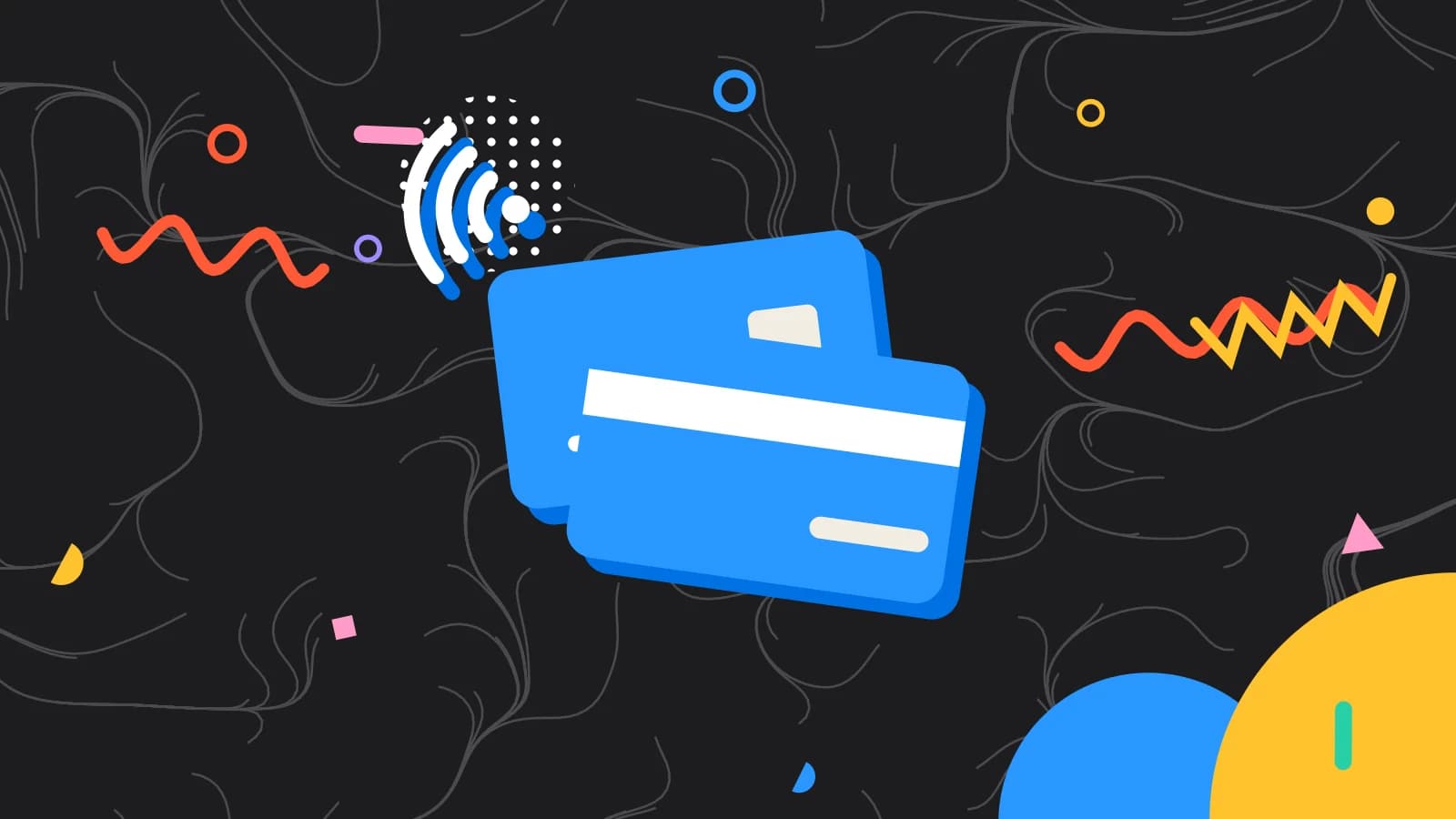 Illustration for tip distribution: two payment cards with contactless waves, in yellow and light blue on black.