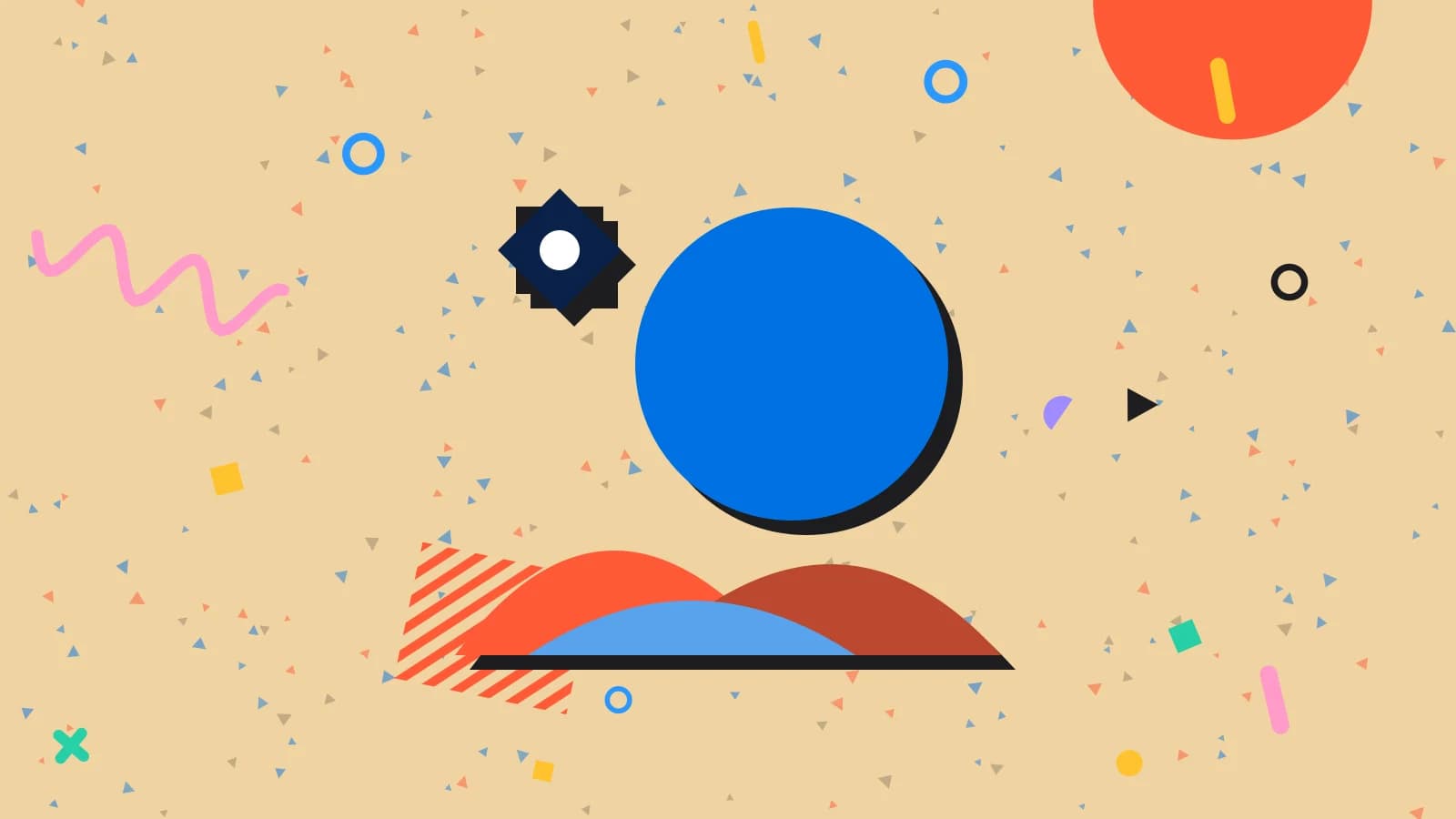 Illustration for tourist trade: a sun setting behind layered dunes, with an eight point star, in blue and coral on sand.