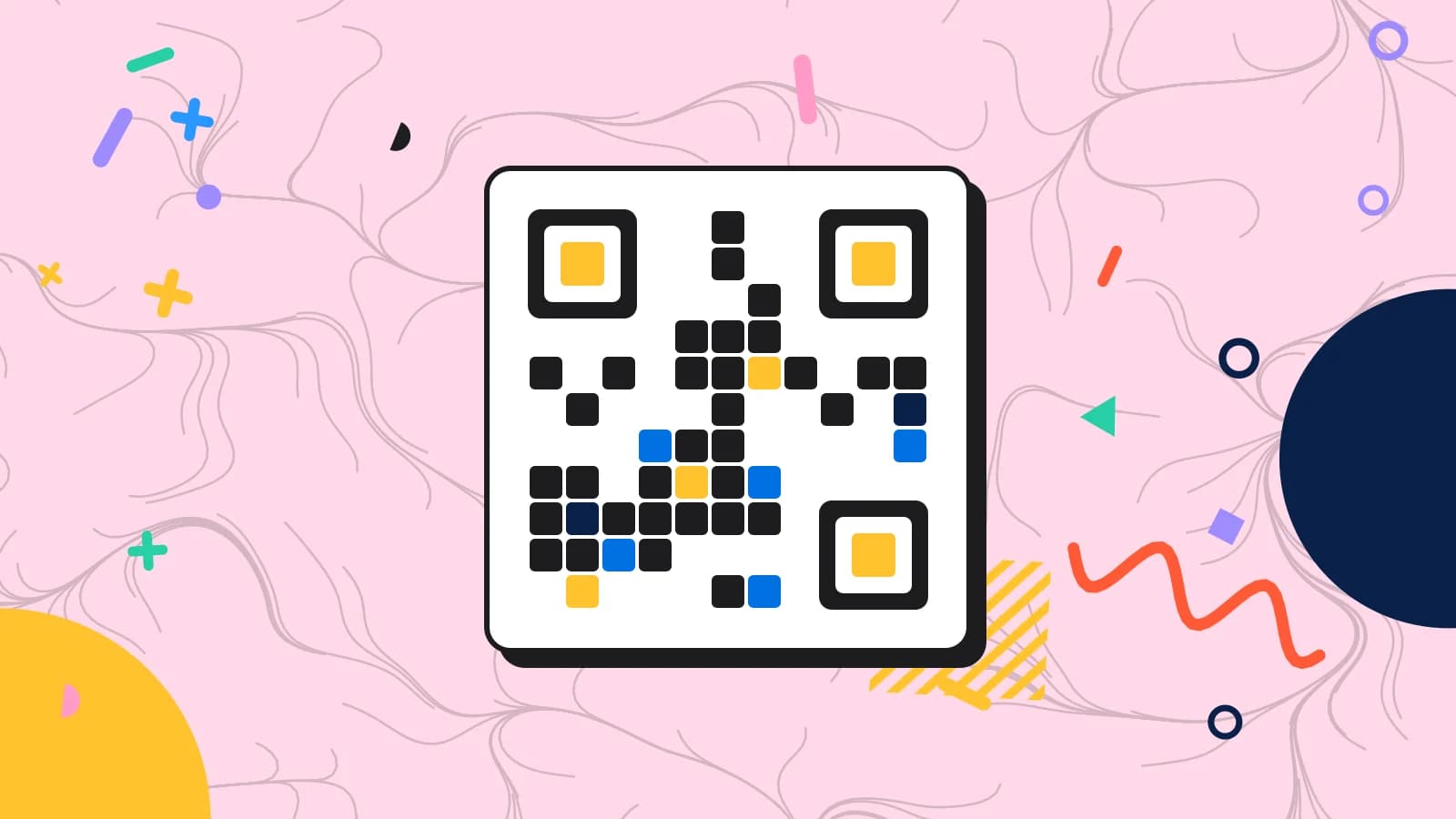 Illustration for updating a qr menu: a grid of squares arranged like a QR code, in blue and yellow on pale pink.