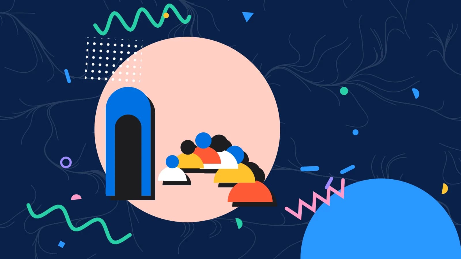 Illustration for walk ins: a curving queue of figures leading to a doorway, in coral and yellow on navy.