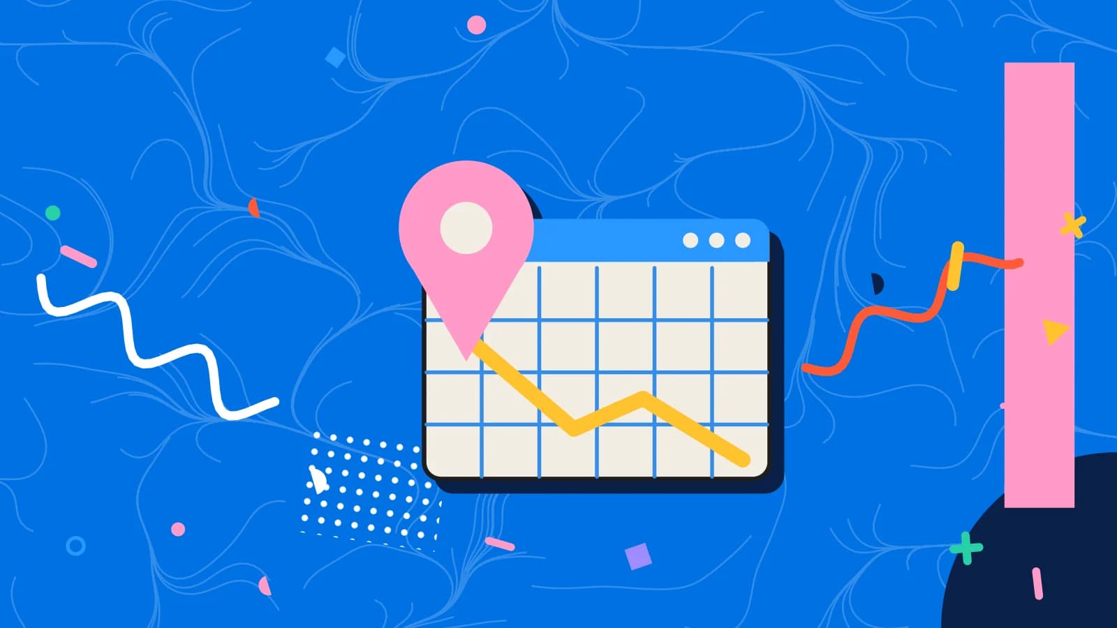Illustration for website speed: a location pin over a browser window with a map, in yellow and pink on blue.