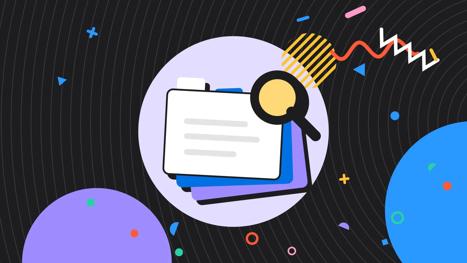 Illustration for what does 86 mean: stacked index cards under a magnifying glass, in lilac and yellow on black.