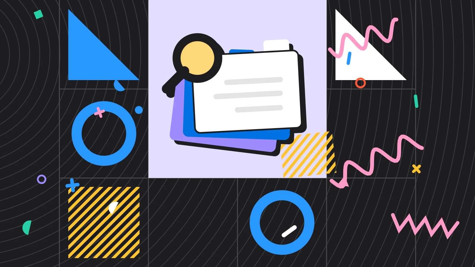 Illustration for what is a floor plan: stacked index cards under a magnifying glass, in lilac and yellow on black.