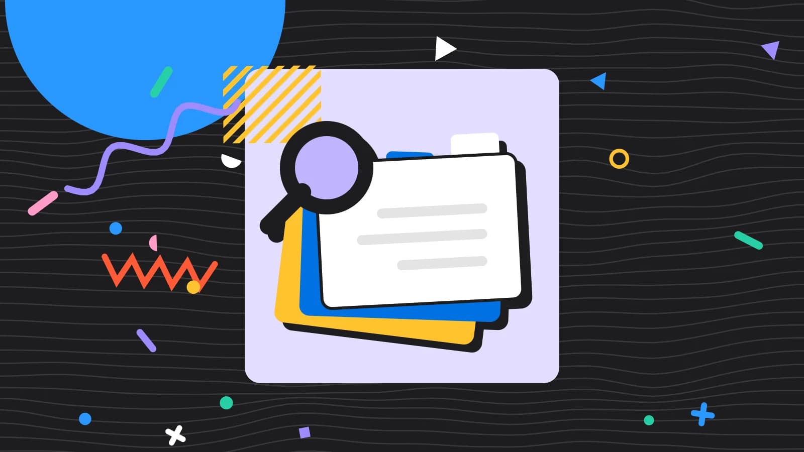 Illustration for what is a modifier: stacked index cards under a magnifying glass, in lilac and yellow on black.
