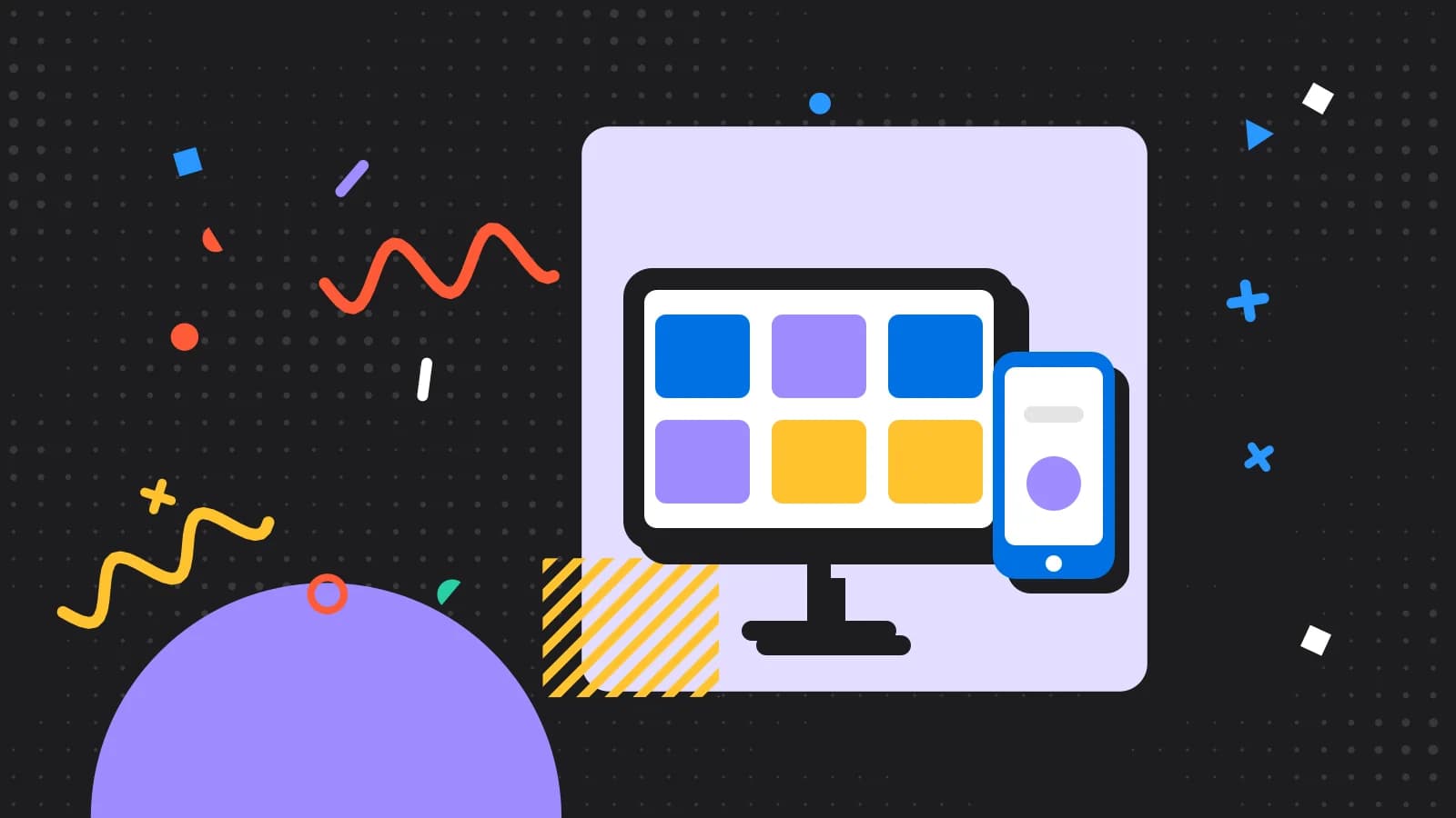 Illustration for what is a pos: a tablet and a phone showing simple blocks, in lilac and yellow on black.