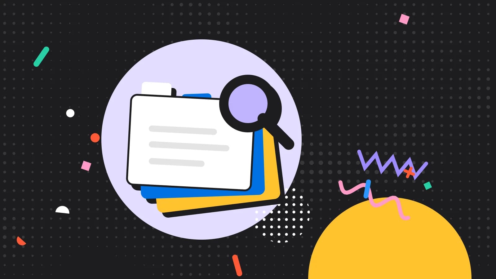 Illustration for what is a waitlist: stacked index cards under a magnifying glass, in lilac and yellow on black.
