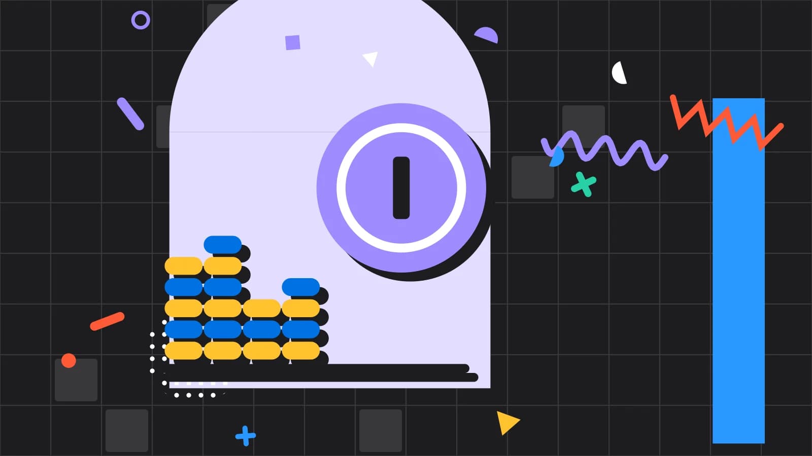 Illustration for what is prime cost: stacked coins beside a large coin, in lilac and yellow on black.