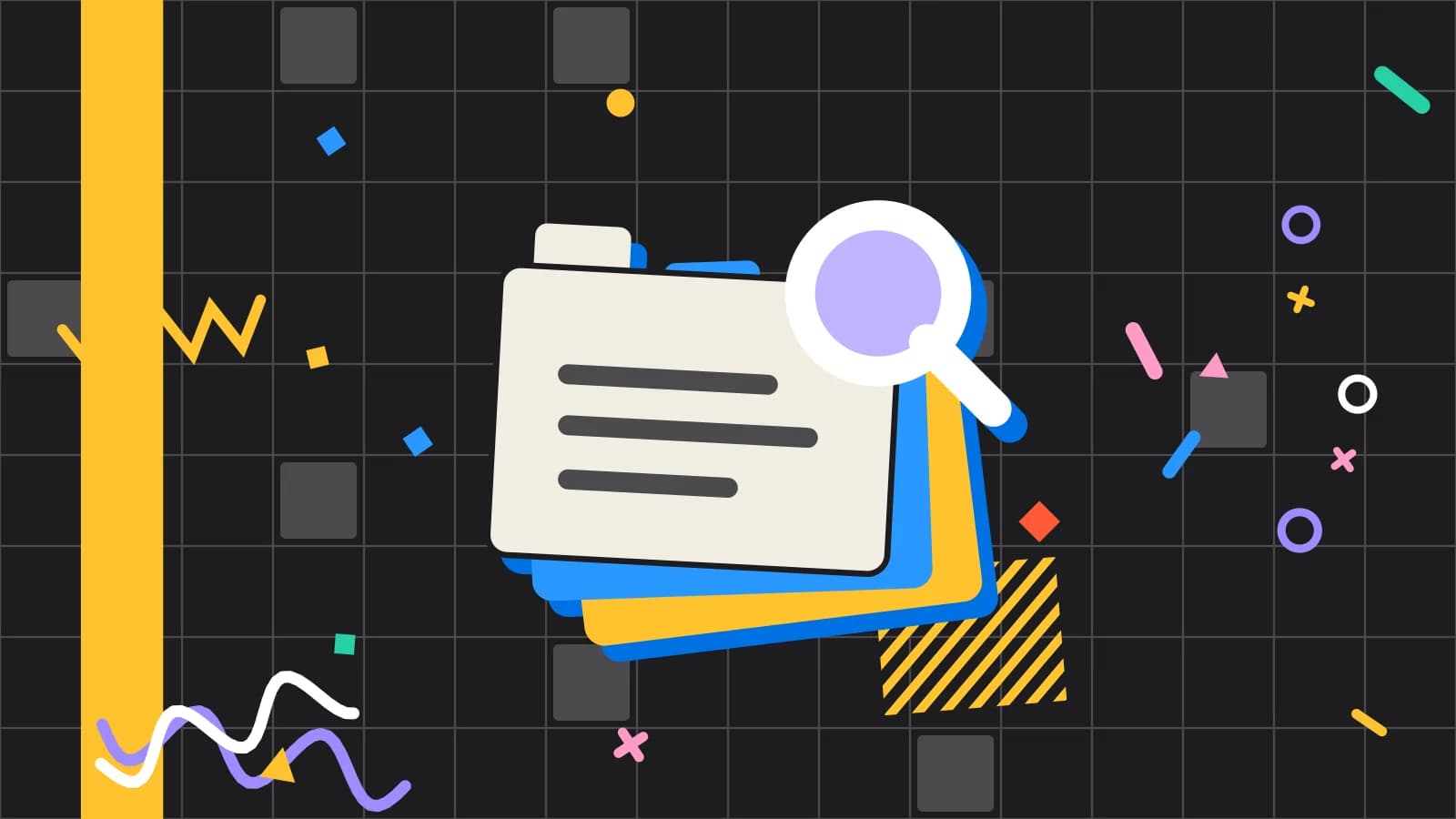 Illustration for what is yield: stacked index cards under a magnifying glass, in lilac and yellow on black.