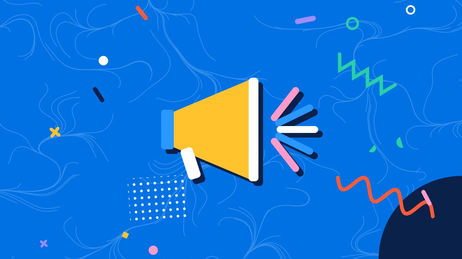 Illustration for what to post: a megaphone with rays bursting from it, in yellow and pink on blue.