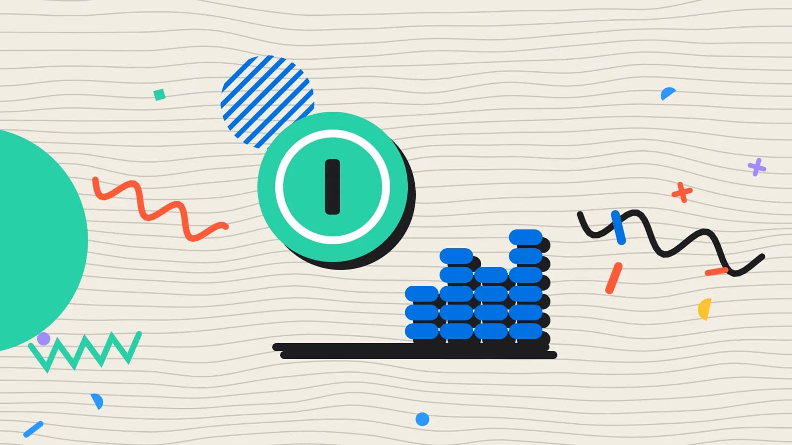 Illustration for why restaurants fail: stacked coins beside a large coin, in mint and blue on cream.