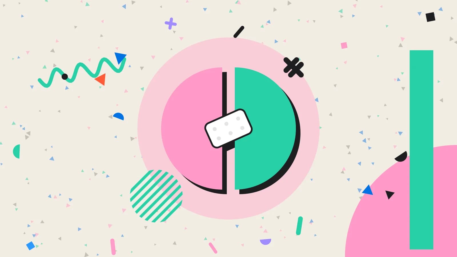 Illustration for a bad review: a split circle held together by a plaster, in pink and mint on cream.