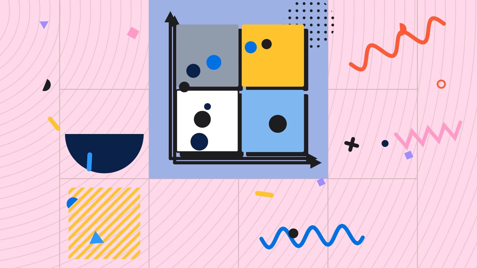 Illustration for delivery menu: a four quadrant matrix with dishes plotted on it, in blue and yellow on pale pink.