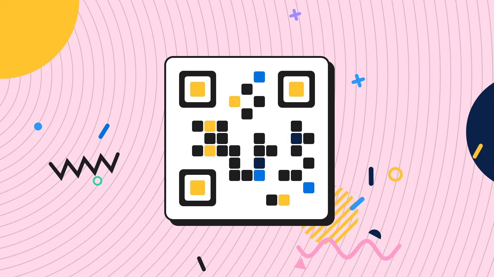Illustration for digital menu: a grid of squares arranged like a QR code, in blue and yellow on pale pink.