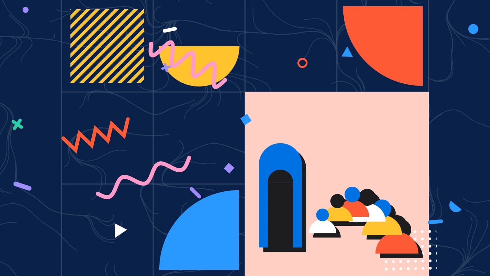 Illustration for digital waitlist: a curving queue of figures leading to a doorway, in coral and yellow on navy.