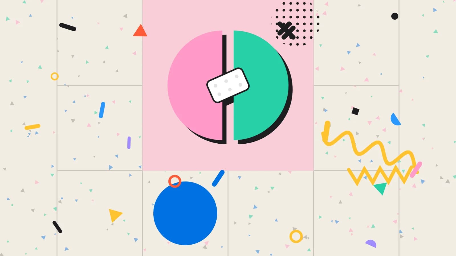 Illustration for a long wait: a split circle held together by a plaster, in pink and mint on cream.