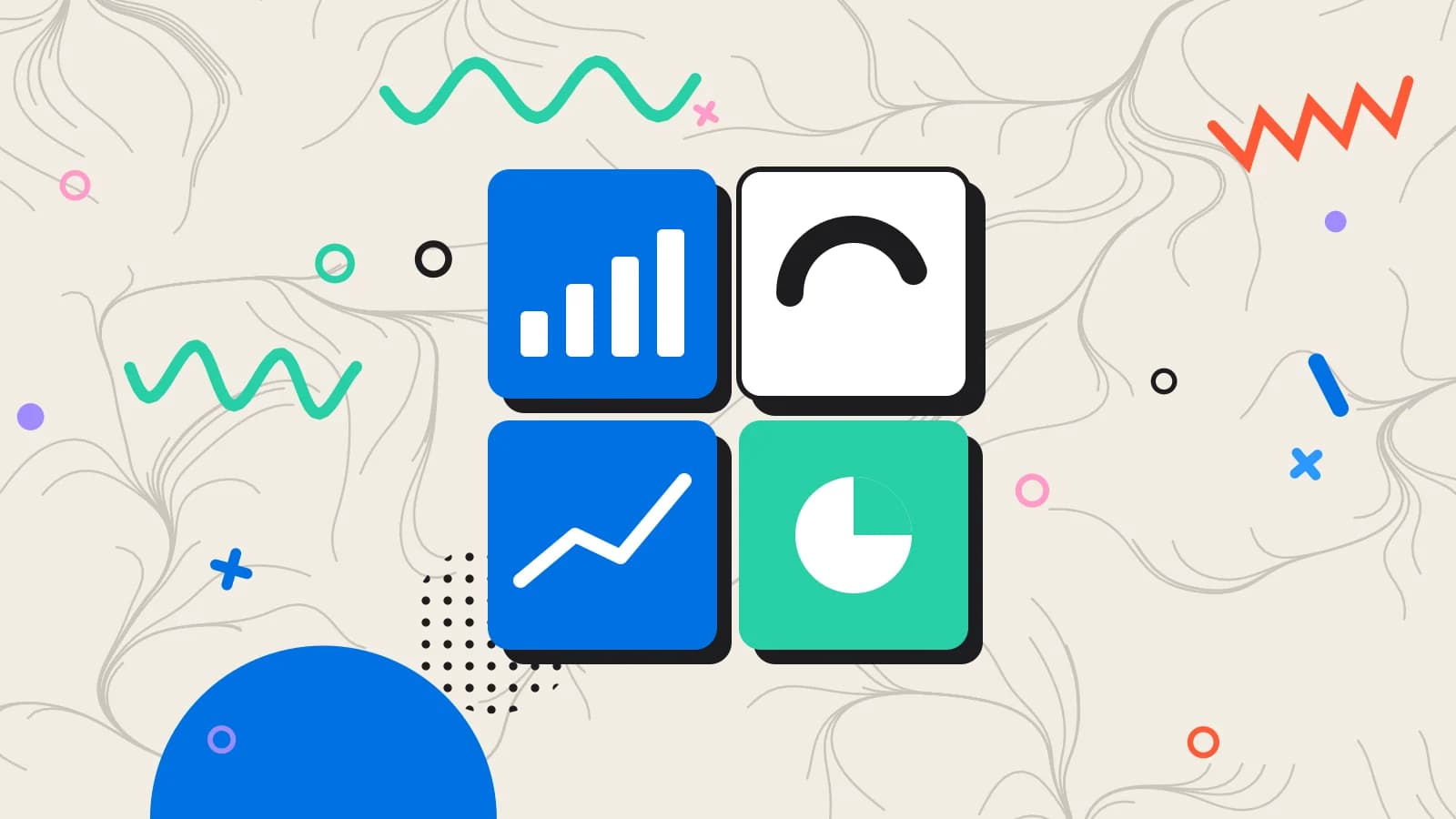 Illustration for marketing budget: a dashboard of four tiles, each with a small chart, in mint and blue on cream.