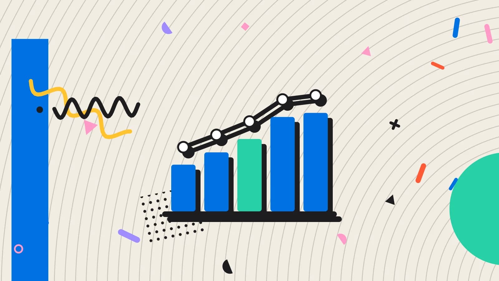 Illustration for restaurant dashboard: a bar chart with a rising line, in mint and blue on cream.
