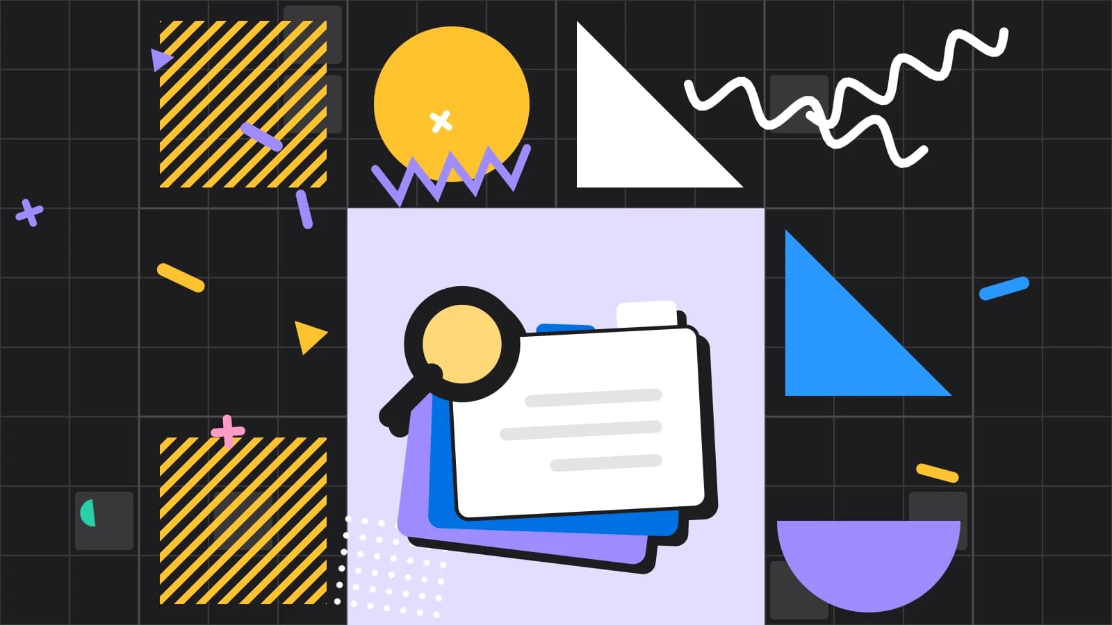 Illustration for restaurant glossary: stacked index cards under a magnifying glass, in lilac and yellow on black.