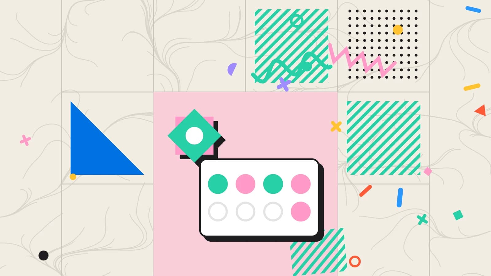 Illustration for restaurant loyalty programme: a stamp card beside an eight point star, in pink and mint on cream.