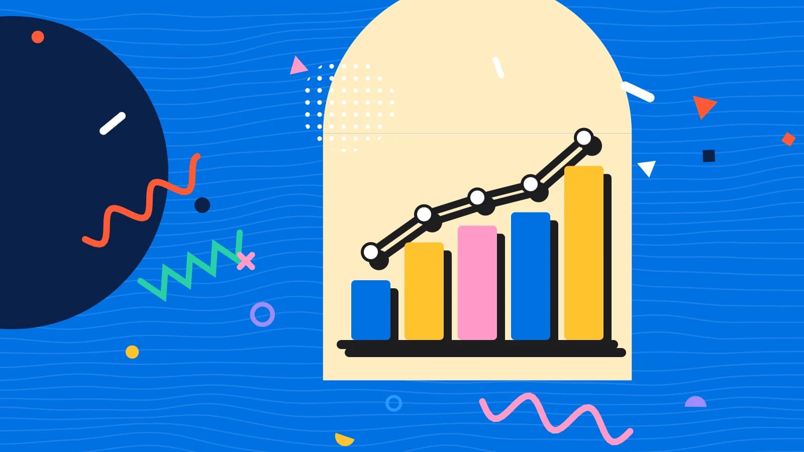 Illustration for restaurant marketing plan: a bar chart with a rising line, in yellow and pink on blue.