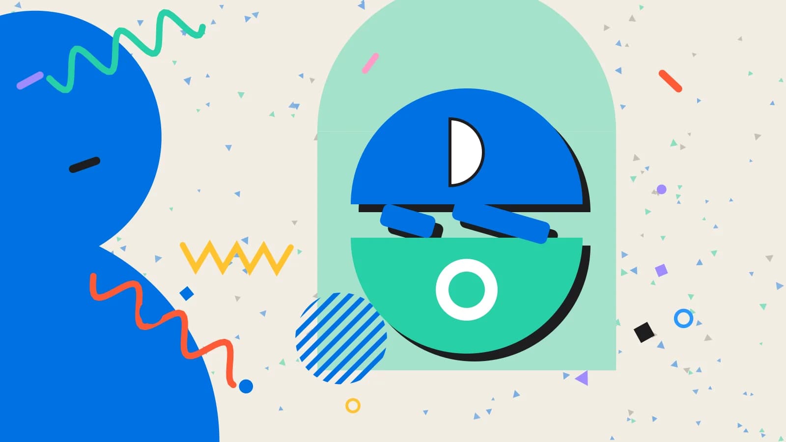 Illustration for restaurant profit and loss: two half circles facing each other across a slashed line, in mint and blue on cream.