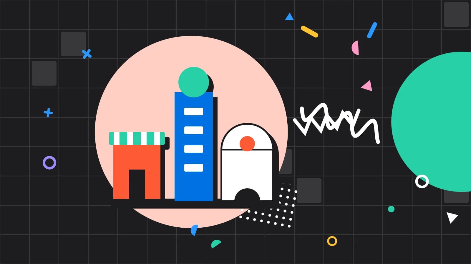 Illustration for a second venue: a row of buildings made of simple shapes, in coral and mint on black.